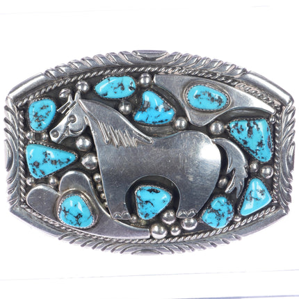 Large Sterling Tommy Moore Navajo horse belt buckle with turquoise