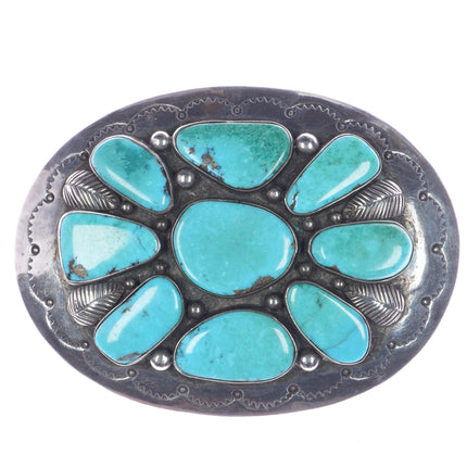 Large Sterling BP Native American sterling belt buckle w/ turquoise cluster