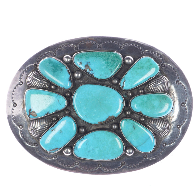 Large Sterling BP Native American sterling belt buckle w/ turquoise cluster