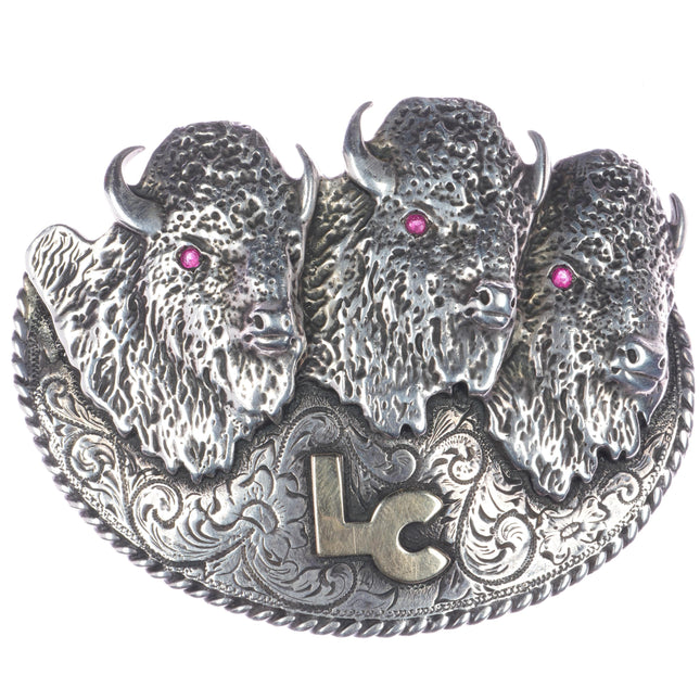 Large 10k/Sterling 1970's Glad Hand Buffalo belt buckle LC Initials