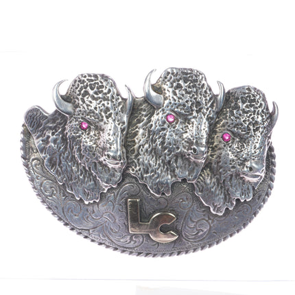 Large 10k/Sterling 1970's Glad Hand Buffalo belt buckle LC Initials