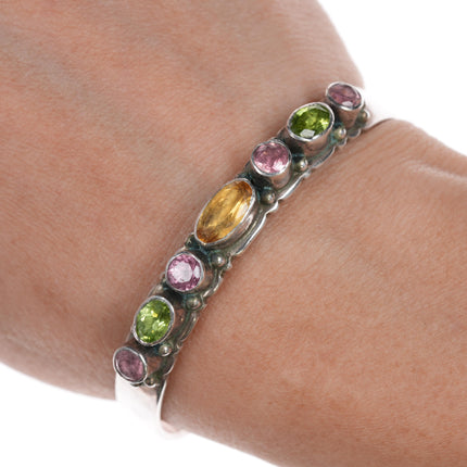 6.25" c1980's southwestern sterling gemset Tourmaline/Topaz cuff bracelet