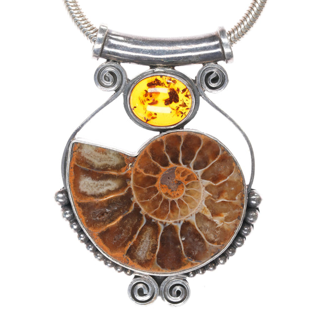 Retro Sterling Ammonite, amber pendant/necklace