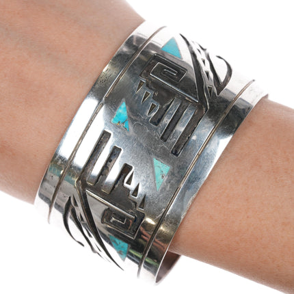 Vintage Navajo overlay inlaid turquoise sterling cuff bracelet