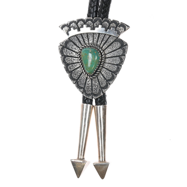 Large Mike Thompson Navajo Tufa Cast sterling high grade turquoise bolo tie