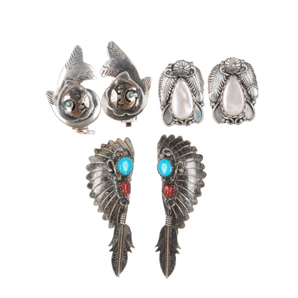 3pr Southwester/Native American sterling clip on earrings lot