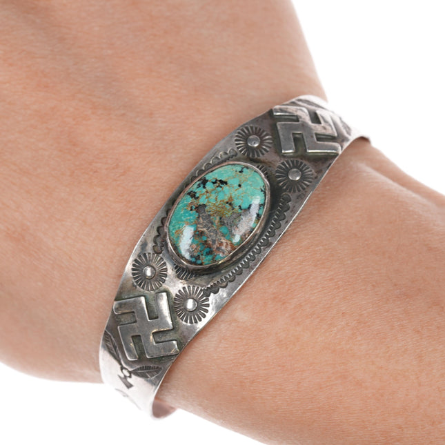 6.25" c1930's Navajo silver Whirling Logs cuff bracelet with turquoise