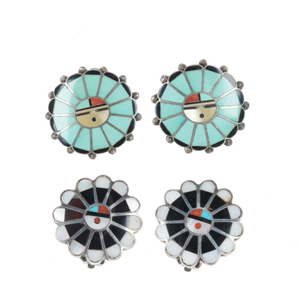 2pr Vintage Zuni sterling sunface multi-stone inlay clip-on earrings