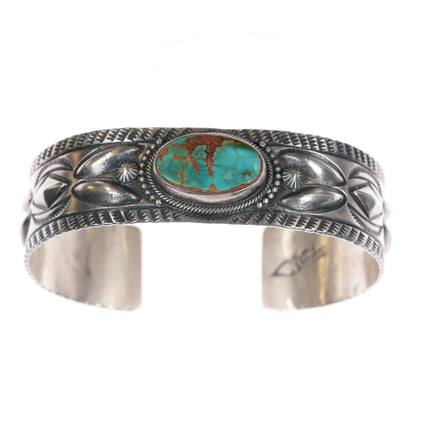 6.25" Stanley Parker Navajo heavy stamped sterling high grade turquoise cuff bracelet