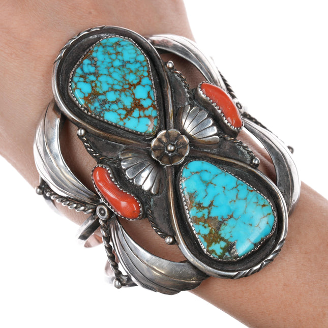 7" Large 60's-70's Vintage Native American sterling, turquoise, coral cuff bracelet