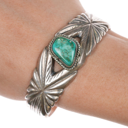 6 3/8" Vintage Native American sterling cast cuff bracelet with turquoise