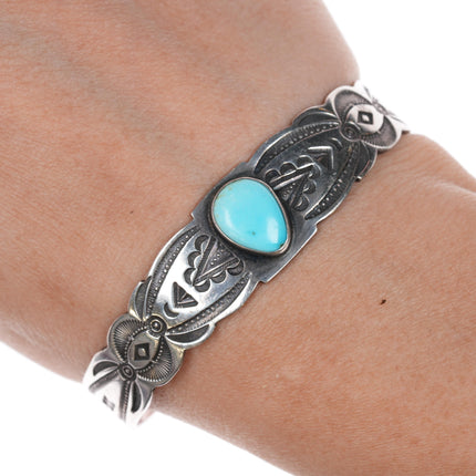 6.25" 1930's Navajo ingot silver turquoise cuff bracelet with amazing stampwork