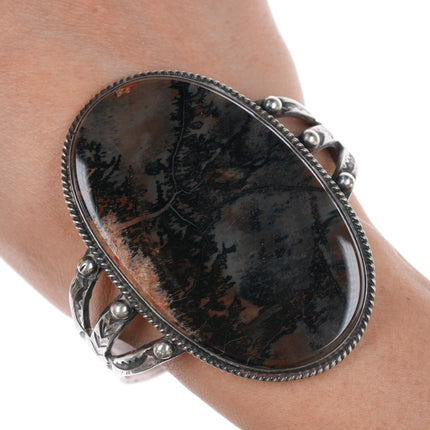 6 7/8" c1940's Large Native American silver moss agate cuff bracelet