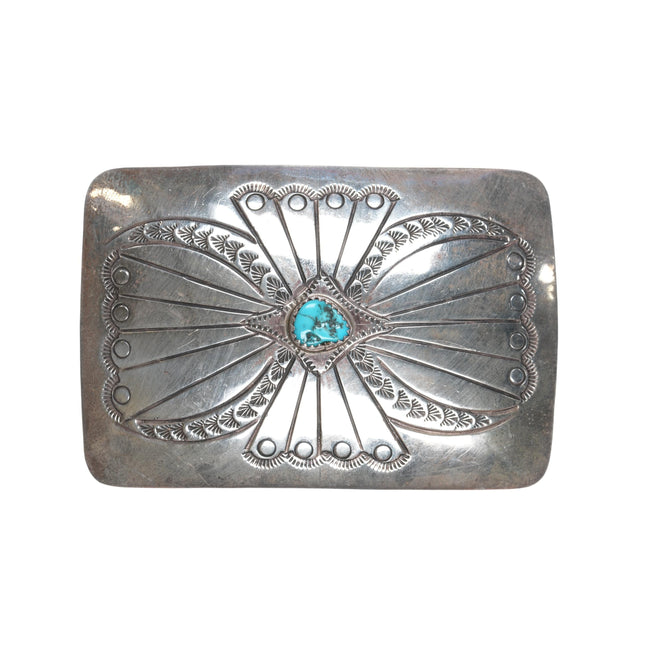 Vintage Sterling Navajo turquoise belt buckle with hand stamped design