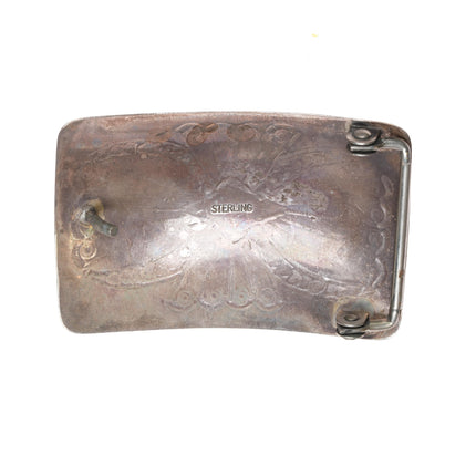 Vintage Sterling Navajo turquoise belt buckle with hand stamped design