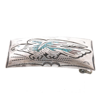 70's-70's B Navajo sterling chip inlay eagle belt buckle