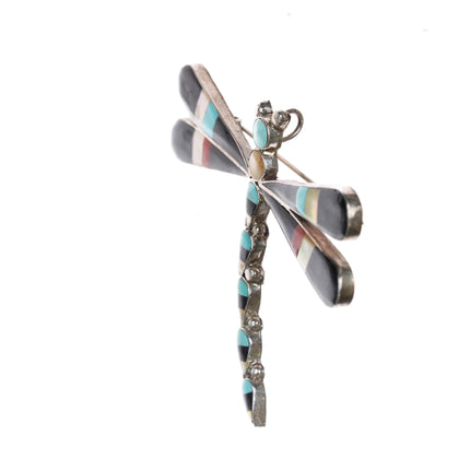 Large Zuni sterling dragonfly pendant turquoise, jet, coral, shell inlay