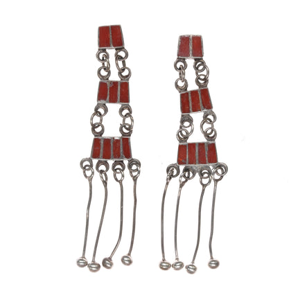 40's-50's Zuni Dishta style Flush inlay coral ladder earrings