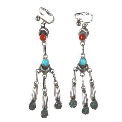 Early Lee & Mary Weebothee Zuni sterling coral, and turquoise earrings