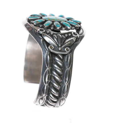 6 5/8" c1950's Navajo sterling high grade turquoise cluster cuff bracelet