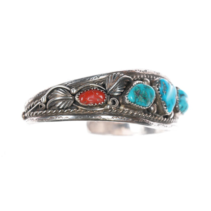 6 5/8" 1970's Navajo sterling turquoise/coral cuff bracelet