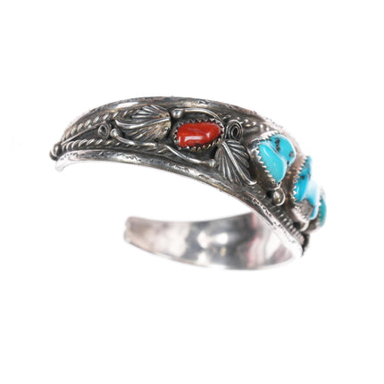 6 5/8" 1970's Navajo sterling turquoise/coral cuff bracelet