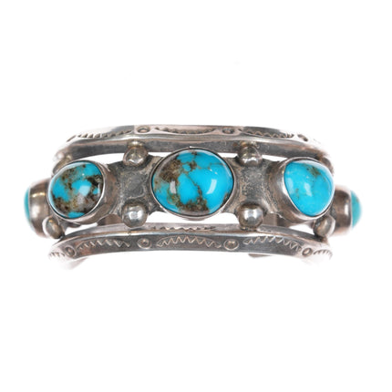 6.25" Vintage Navajo hand stamped heavy sterling/turquoise row cuff bracelet