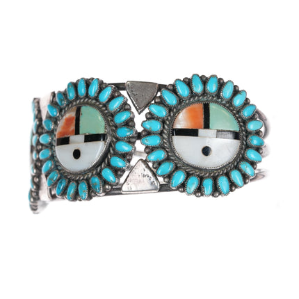 6.5" 40's-50's Zuni sterling sunface channel inlay turquoise cuff bracelet