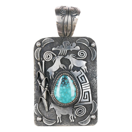 Large Lorenzo Juan Navajo sterling high grade turquoise pendant