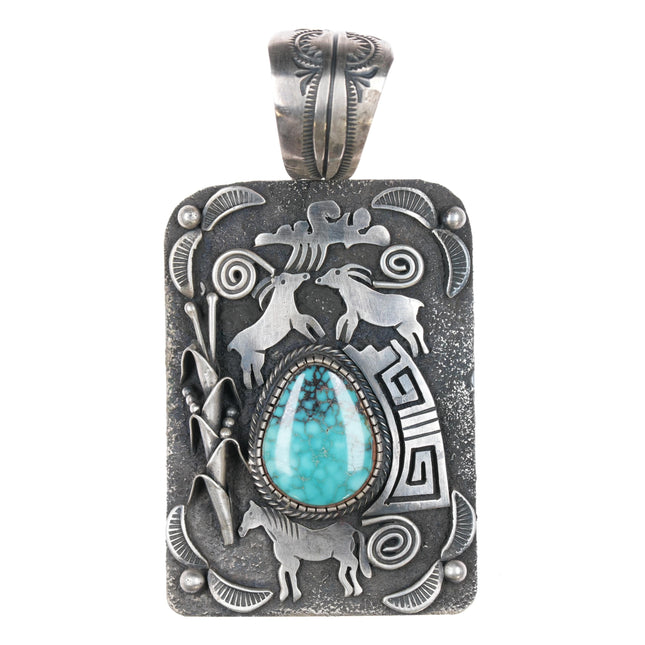 Large Lorenzo Juan Navajo sterling high grade turquoise pendant