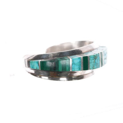 6 3/8" Chad Hoskie Navajo sterling high grade turquoise, malachite modernist inlaid cuff bracelet