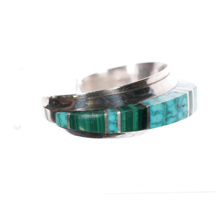 6 3/8" Chad Hoskie Navajo sterling high grade turquoise, malachite modernist inlaid cuff bracelet