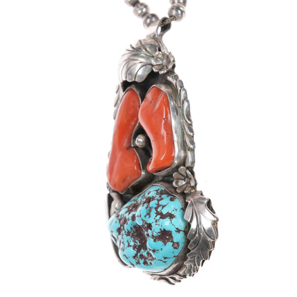 Huge 1970's R Williams Native American sterling turquoise coral pendant necklace