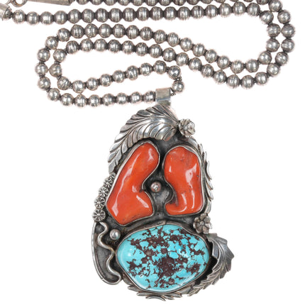 Huge 1970's R Williams Native American sterling turquoise coral pendant necklace