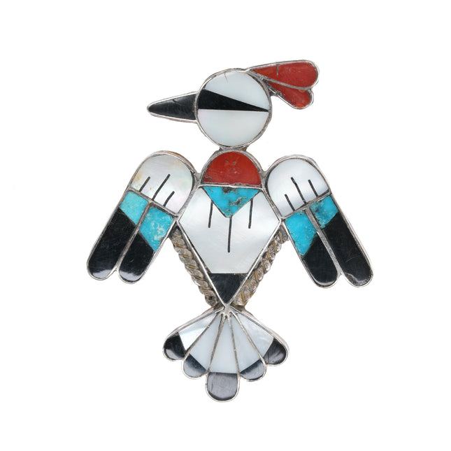 Vintage Zuni sterling channel inlay thunderbird pin with cool wings