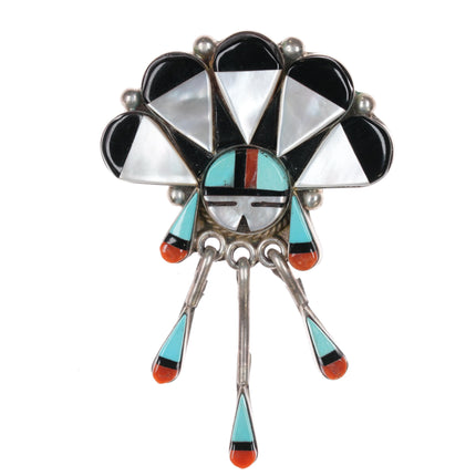 Vintage Zuni sterling channel inlay sunface pin with danglies