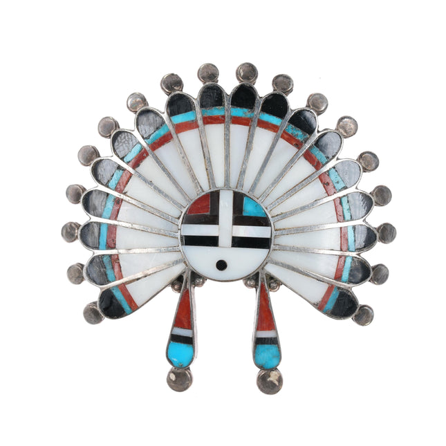 Large 50's-60's Zuni Sunface Indian Chief sterling channel inlay pin