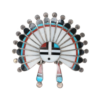 Large 50's-60's Zuni Sunface Indian Chief sterling channel inlay pin