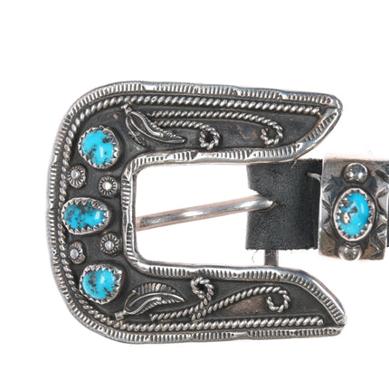 Vintage AJ Native American Sterling turquoise 5/8" ranger belt buckle set