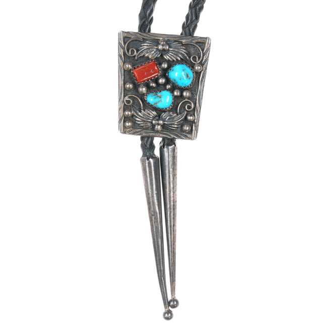 70's-80's Navajo sterling, turquoise, coral bolo tie