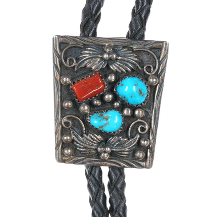 70's-80's Navajo sterling, turquoise, coral bolo tie