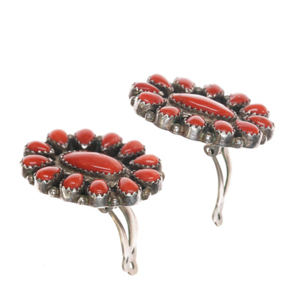 Tim Yazzie Navajo sterling red coral cluster clip-on earrings