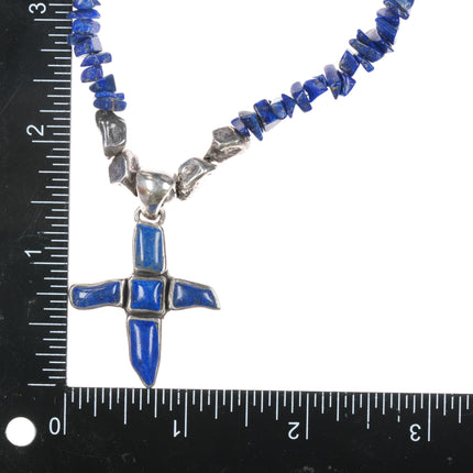 16" Retro Southwestern sterling and lapis freeform cross necklace.