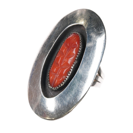 Sz6.5 Jo Tenorio Kewa carved coral sterling shadowbox ring