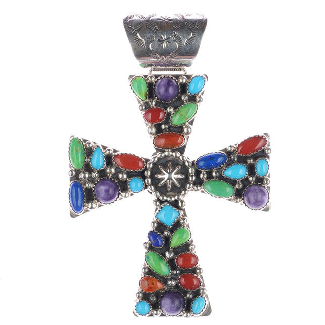 Janet Jake Navajo Sterling Charoite, Gaspeite, Turquoise, coral cross pendant