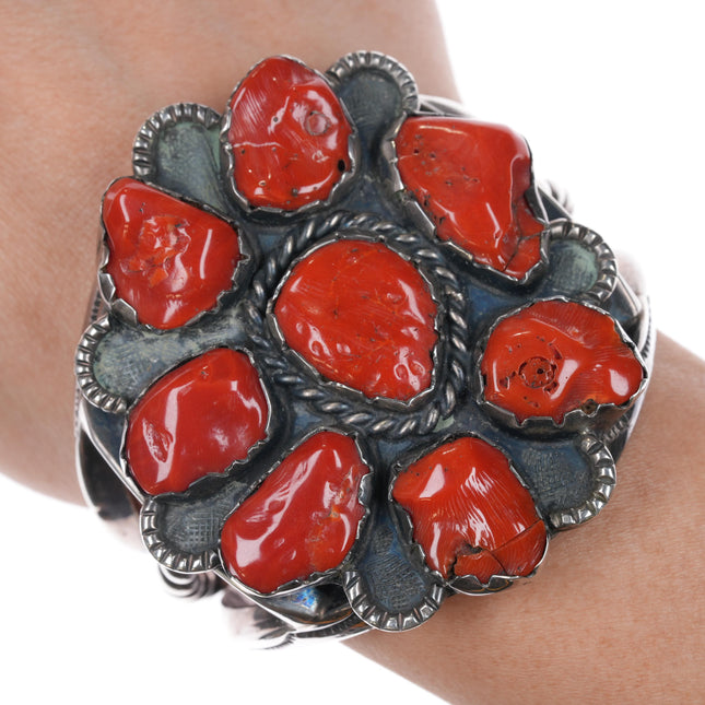 6 1/8" Huge Vintage Native American sterling red coral cluster cuff bracelet