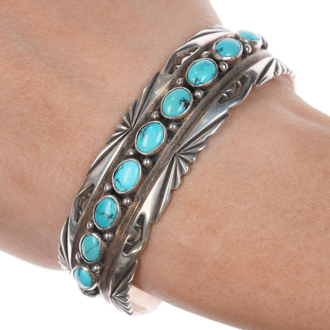 6 5/8" Sunshine Reeves Navajo Sterling turquoise row cuff bracelet