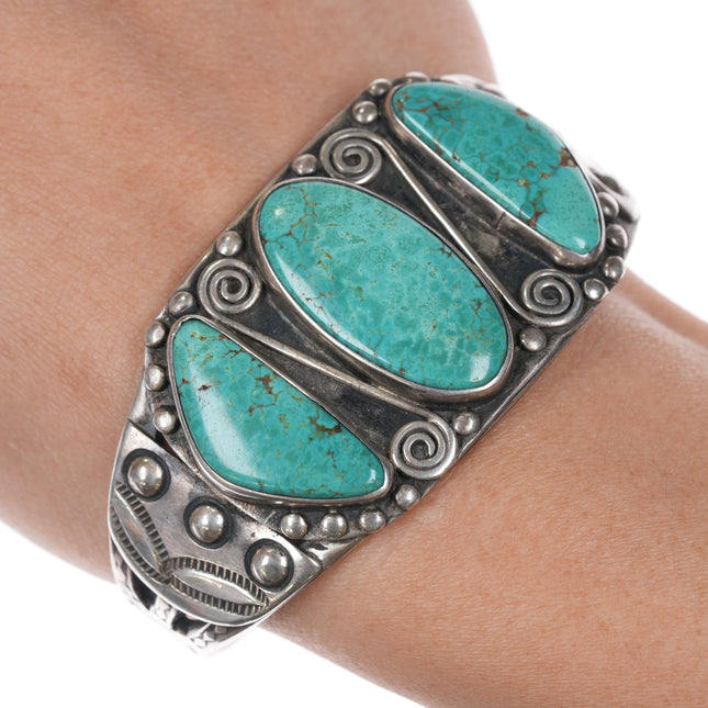 6.5" c1940's Navajo silver cuff bracelet w/three large turquoise