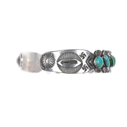 6.5" 1930's Heavily stamped whirling log silver turquoise row cuff bracelet