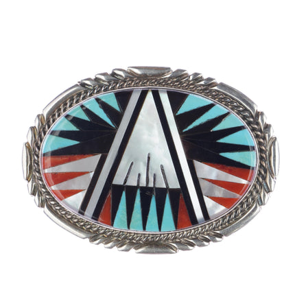 small Leslie & Gladys Lamy Zuni sterling intarsia inlay belt buckle